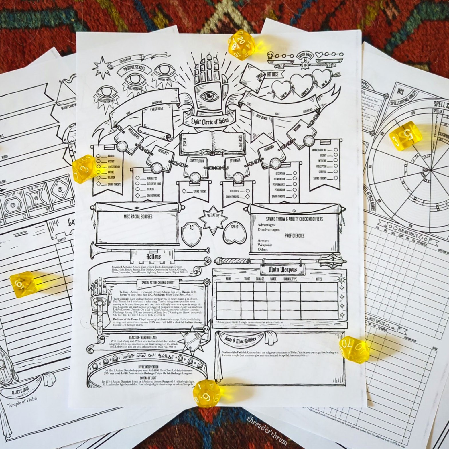 A multi-page, custom character sheet for a light cleric of Helm printed out and arrayed artfully on a woven rug with yellow gaming dice tossed upon it