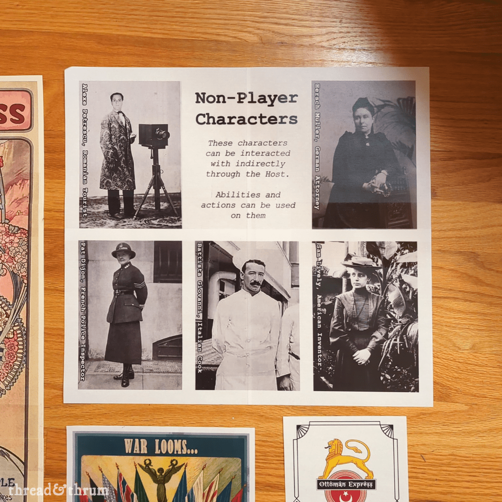 A white poster on a wood floor. The poster has faux typewriter font on it that says "Non-Player Characters" and six black and white portrait photographs of people from the Edwardian Era, including a woman police officer and a male chef