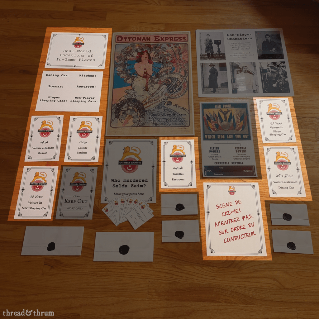 An array of posters and signs are laid out neatly on a wood floor. Some of the signs are highlighted as relevant to this section: these are all the location signs, and they're printed on half sheets, with a decorative art deco border, the logo created for the train in the game, and the room in question (e.g. Kitchen, Boxcar) in three languages: Turkish (written in Arabic script as was period appropriate), French, and English